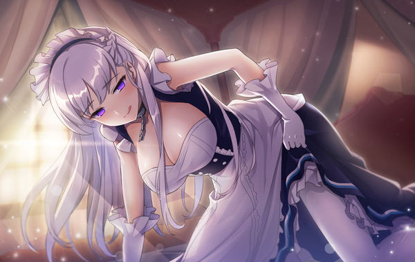 Anime picture 1200x759 with azur lane belfast (azur lane) pantsu majirou single long hair looking at viewer blush fringe breasts light erotic large breasts purple eyes cleavage silver hair indoors braid (braids) sparkle maid on all fours :q