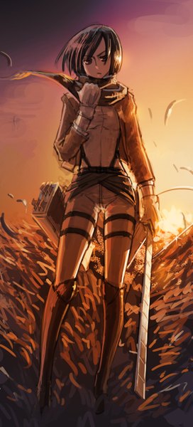 Anime picture 1494x3287 with shingeki no kyojin production i.g mikasa ackerman chevasis (artist) single tall image looking at viewer short hair brown hair standing holding brown eyes wind evening sunset girl boots belt scarf thigh strap