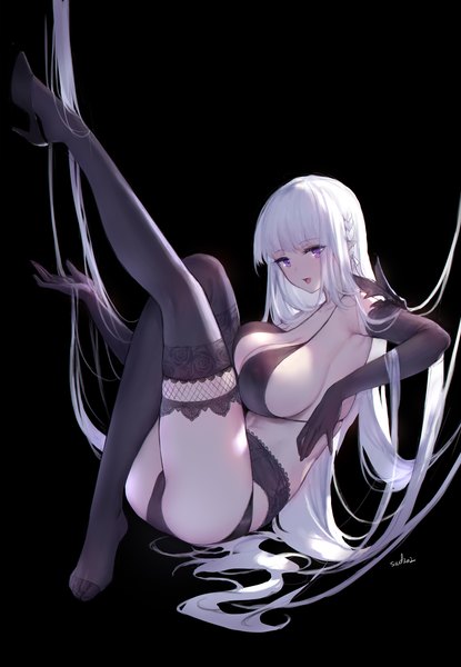 Anime picture 1860x2687 with original swd3e2 single tall image looking at viewer fringe highres breasts open mouth light erotic simple background large breasts purple eyes signed cleavage silver hair full body bent knee (knees) ass blunt bangs