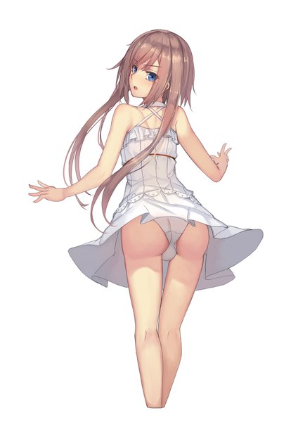 Anime picture 1240x1754 with original musynexsk single long hair tall image looking at viewer blush fringe open mouth blue eyes light erotic simple background hair between eyes brown hair standing white background bare shoulders payot ass looking back