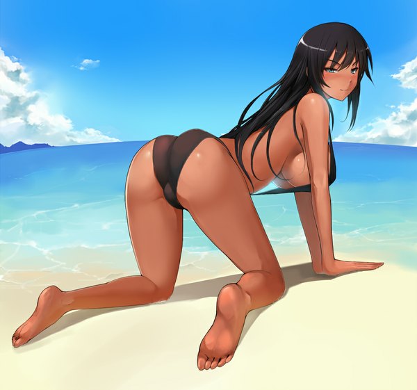 Anime picture 1100x1030 with metalbolic (kinzo) single long hair blush fringe breasts blue eyes light erotic black hair large breasts sky cloud (clouds) ass light smile beach dark skin girl swimsuit sea