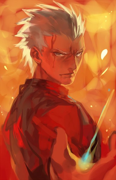 Anime picture 600x935 with fate (series) fate/stay night type-moon archer (fate) coralstone single tall image looking at viewer short hair looking back grey hair grey eyes outstretched arm boy blood