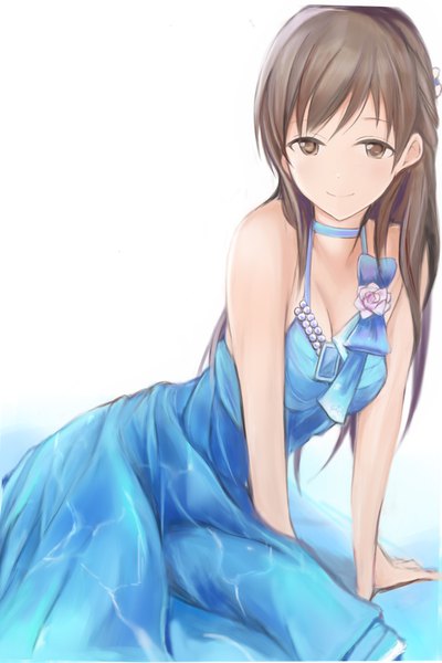 Anime picture 667x1000 with idolmaster idolmaster cinderella girls nitta minami nannacy7 single long hair tall image looking at viewer blush fringe breasts simple background smile hair between eyes brown hair white background sitting bare shoulders brown eyes cleavage