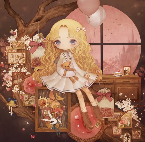 Anime picture 1500x1473 with original london222 single long hair looking at viewer blush blonde hair smile wavy hair lacing girl dress flower (flowers) bow plant (plants) petals tree (trees) socks boots window