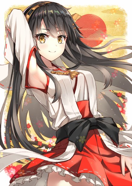 Anime-Bild 810x1143 mit kantai collection haruna battleship rin yuu single long hair tall image looking at viewer blush fringe breasts black hair smile hair between eyes yellow eyes long sleeves traditional clothes japanese clothes arm up light smile wide sleeves