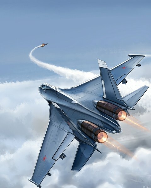 Anime picture 800x1000 with original kcme tall image sky cloud (clouds) flying battle weapon airplane jet su-27