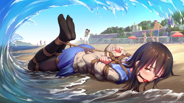 Anime picture 1920x1080 with original tokinohimitsu long hair looking at viewer blush fringe highres light erotic black hair hair between eyes wide image brown eyes signed sky full body outdoors lying wallpaper no shoes tears