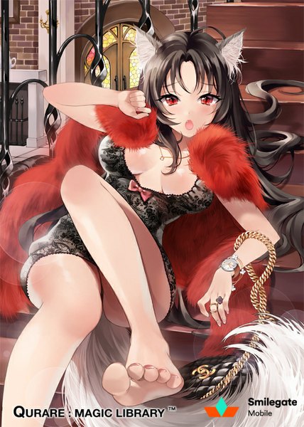 Anime picture 600x841 with qurare: magic library thirteenth cat ice (ice aptx) single tall image looking at viewer breasts open mouth light erotic black hair red eyes animal ears indoors very long hair nail polish barefoot bare legs legs leg lift (legs lift) toenails