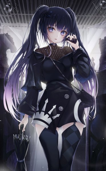 Anime picture 993x1600 with original h2o (dfo) single long hair tall image looking at viewer blush fringe open mouth standing twintails purple eyes holding payot blue hair long sleeves arm up off shoulder lens flare reflection