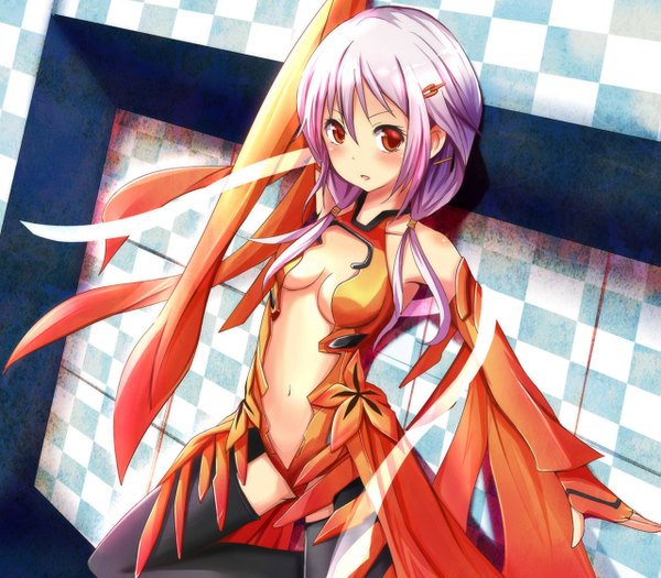 Anime picture 1279x1121 with guilty crown production i.g yuzuriha inori ok-ray single long hair blush red eyes twintails bare shoulders pink hair center opening checkered background girl thighhighs navel hair ornament detached sleeves hairclip