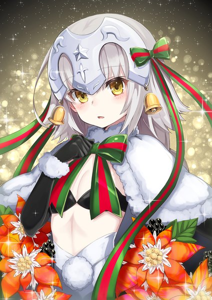 Anime picture 1300x1839 with fate (series) fate/grand order jeanne d'arc (fate) (all) jeanne d'arc alter santa lily (fate) pilokey single long hair tall image looking at viewer blush fringe open mouth light erotic simple background hair between eyes yellow eyes silver hair upper body sparkle fur trim
