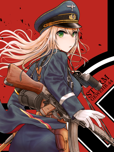 Anime picture 1124x1500 with girls frontline stg44 (girls frontline) turisasu single long hair tall image looking at viewer fringe open mouth blonde hair hair between eyes standing green eyes looking back from behind character names floating hair red background skin tight girl