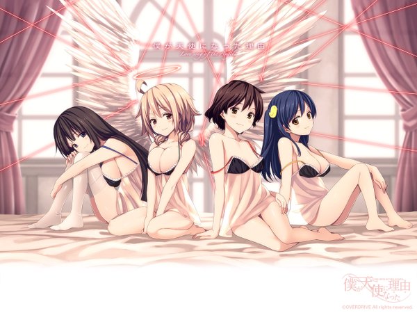 Anime picture 1280x960 with boku ga tenshi ni natta wake aine (boku ga tenshi ni natta wake) hisaka yuri nakizaki naruko wakamatsu minamo fujimaru (bluebrand) long hair blush short hair breasts light erotic black hair blonde hair red eyes large breasts multiple girls brown eyes blue hair cleavage see-through silhouette