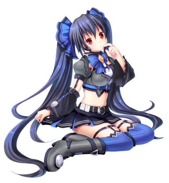 Anime picture 1181x1280 with choujigen game neptune kami jigen game neptune v noire monchi (kashiwa2519) single tall image black hair red eyes twintails very long hair transparent background girl thighhighs dress skirt bow black thighhighs hair bow detached sleeves boots