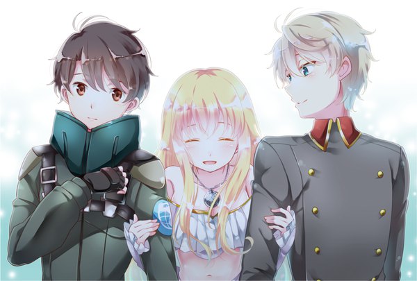 Anime picture 1000x675 with aldnoah.zero a-1 pictures slaine troyard asseylum vers allusia kaizuka inaho natsu (360c) long hair looking at viewer blush fringe short hair open mouth simple background blonde hair smile hair between eyes brown hair white background bare shoulders brown eyes