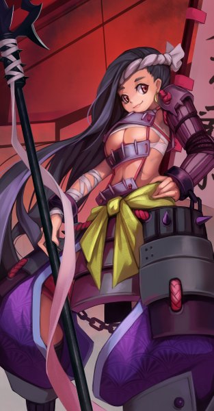 Anime picture 627x1200 with original iorlvm single tall image looking at viewer breasts light erotic smile red eyes large breasts standing purple hair very long hair no bra hand on hip girl ribbon (ribbons) weapon belt armor