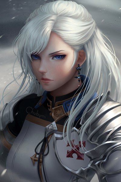 Anime picture 1000x1500 with final fantasy final fantasy xiv square enix hyur chubymi single long hair tall image blush fringe blue eyes looking away silver hair upper body lips realistic watermark portrait girl earrings