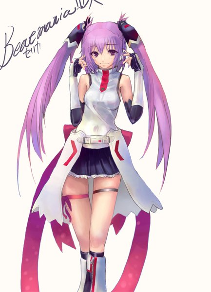 Anime picture 1128x1561 with beatmania beatmania iidx mizushiro celica prince (id-119199) single long hair tall image looking at viewer simple background smile white background purple eyes twintails purple hair inscription girl gloves bow headphones