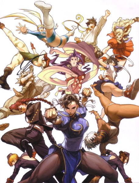 Anime picture 2084x2735 with street fighter capcom tagme (character) chun-li cammy white rainbow mika crimson viper tall image highres simple background blonde hair brown hair white background purple hair red hair hair bun (hair buns) single braid chinese clothes group everyone
