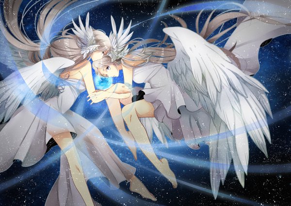 Anime picture 1263x893 with original kanasuke looking at viewer blonde hair bare shoulders multiple girls very long hair barefoot night bare legs grey eyes no shoes night sky magic angel wings lacing head wings white wings girl dress
