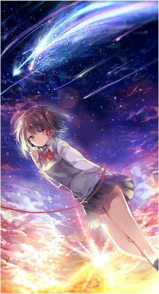 Anime picture 1250x2310 with kimi no na wa miyamizu mitsuha pixiv id3990881 single tall image looking at viewer blush fringe short hair breasts smile brown hair brown eyes ahoge long sleeves pleated skirt sparkle dutch angle lens flare arm behind back