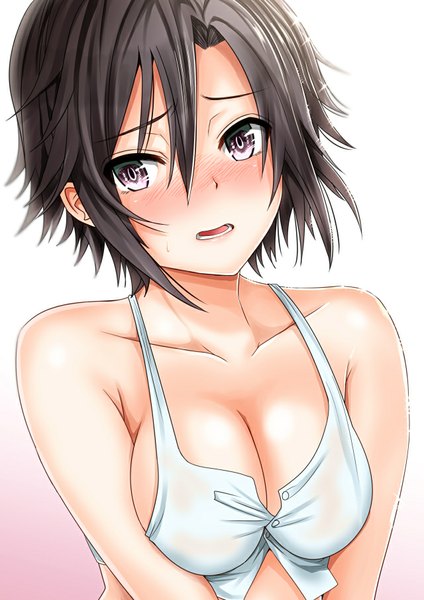 Anime picture 640x905 with idolmaster kikuchi makoto inu (marukome) single tall image blush fringe short hair breasts light erotic black hair simple background parted lips grey eyes girl