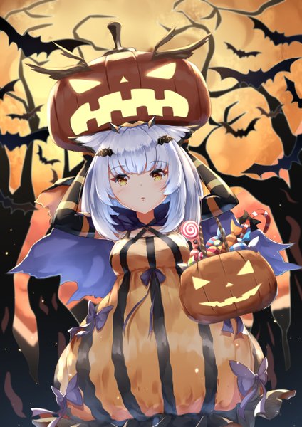 Anime picture 868x1228 with arknights ptilopsis (arknights) chahei single long hair tall image looking at viewer fringe yellow eyes silver hair arms up halloween girl dress bow animal food sweets candy jack-o'-lantern