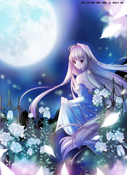 Anime picture 1000x1376 with shingetsutan tsukihime type-moon arcueid brunestud kaho okashii single tall image blush bare shoulders purple hair very long hair pink eyes looking back night sky light girl dress flower (flowers) detached sleeves rose (roses) full moon