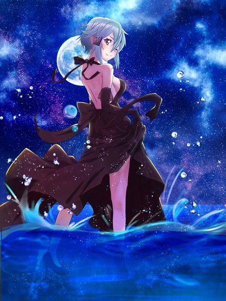 Anime picture 1536x2048 with sword art online a-1 pictures asada shino sh0w19 single tall image looking at viewer blush fringe short hair breasts blue eyes smile hair between eyes standing blue hair full body head tilt one eye closed looking back