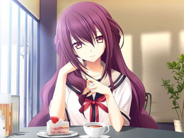 Anime picture 800x600 with signal heart takatsukasa chisa zinno single long hair fringe hair between eyes sitting purple eyes payot looking away game cg purple hair indoors light smile arm support shadow half updo girl uniform
