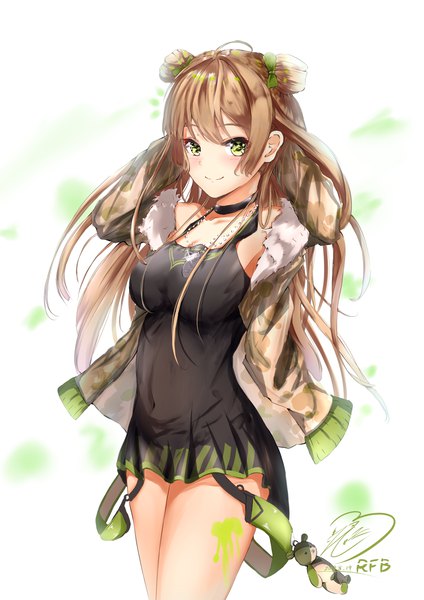 Anime picture 1816x2570 with girls frontline rfb (girls frontline) teratsuki single long hair tall image looking at viewer blush fringe highres breasts smile brown hair white background bare shoulders green eyes signed payot cleavage ahoge