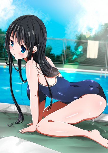 Anime picture 800x1131 with original ragho no erika single long hair tall image blush blue eyes light erotic black hair sky cloud (clouds) girl swimsuit one-piece swimsuit school swimsuit pool