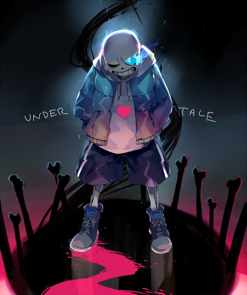 Anime picture 752x898 with undertale sans (undertale) kyouichi single tall image looking at viewer open mouth blue eyes standing one eye closed open jacket shadow glowing dark background glowing eye (eyes) hands in pockets angry clenched teeth skeleton spoilers