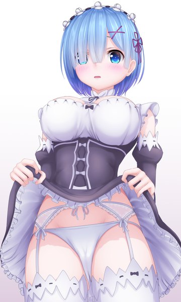 Anime picture 900x1500 with re:zero kara hajimeru isekai seikatsu white fox rem (re:zero) tapisuke single tall image looking at viewer fringe short hair breasts blue eyes light erotic simple background white background blue hair hair over one eye dress lift revision girl thighhighs