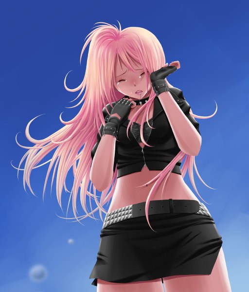 Anime picture 1024x1200 with skip beat! mogami kyoko ran (blank0615) single long hair tall image simple background pink hair eyes closed from below midriff tears piercing floating hair blue background crying spoilers girl skirt gloves