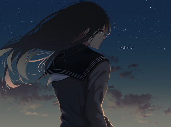 Anime picture 1891x1411 with original saitou (lynx-shrike) single long hair looking at viewer fringe highres blue eyes black hair signed sky cloud (clouds) upper body profile looking back wind night mole night sky mole under eye