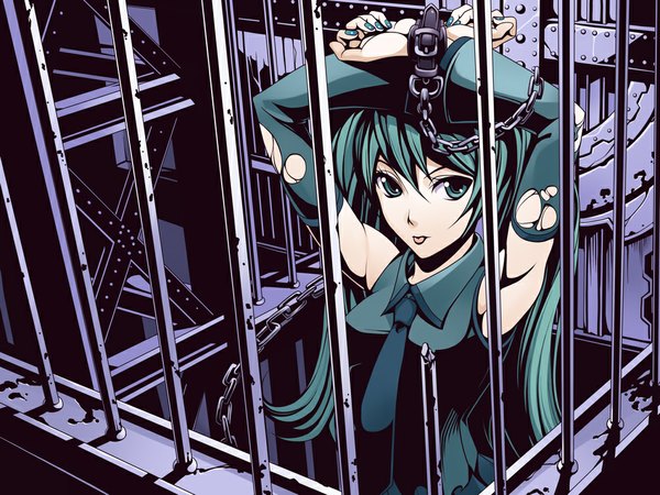 Anime picture 1000x750 with vocaloid hatsune miku torigoe takumi long hair twintails green eyes nail polish green hair armpit (armpits) girl detached sleeves necktie tongue chain shackles cage