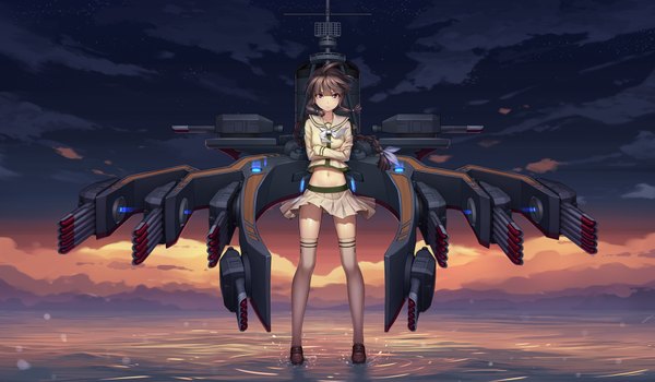 Anime picture 1920x1120 with kantai collection kitakami light cruiser athrun1120 single long hair looking at viewer fringe highres smile brown hair wide image standing purple eyes cloud (clouds) ahoge braid (braids) pleated skirt wind night bare belly