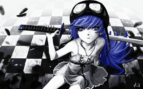 Anime picture 2048x1280 with bakemonogatari shaft (studio) monogatari (series) oshino shinobu as109 highres blue eyes wide image blue hair checkered floor checkered background polychromatic girl weapon hat sword katana feather (feathers)