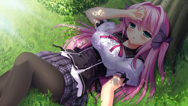 Anime picture 3052x1718 with original tonchan single long hair looking at viewer blush highres blue eyes wide image pink hair lying girl uniform bow plant (plants) hair bow school uniform pantyhose tree (trees) grass