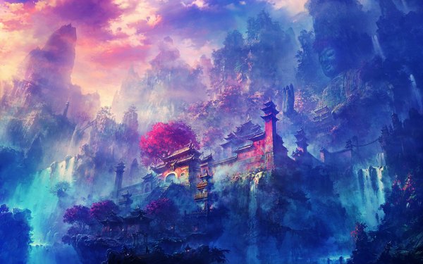 Anime picture 1920x1200 with original tagme (artist) highres wide image standing game cg cloud (clouds) mountain landscape waterfall fog plant (plants) animal tree (trees) water bird (birds) wall bridge people statue