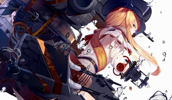 Anime picture 1375x800 with kantai collection bismarck battleship atha (leejuiping) single long hair looking at viewer blue eyes simple background blonde hair wide image white background looking back girl bubble (bubbles) peaked cap