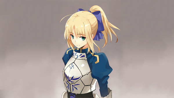 Anime picture 1920x1080 with fate (series) fate/stay night artoria pendragon (all) saber gabiran single long hair looking at viewer fringe highres blue eyes blonde hair wide image ponytail grey background wallpaper alternate hairstyle girl bow hair bow