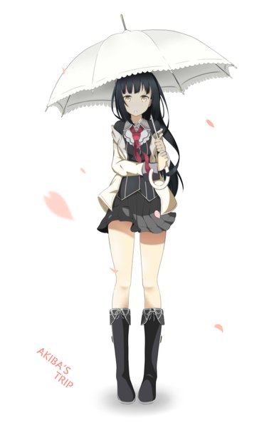 Anime picture 2700x4200 with original chenang11 single long hair tall image looking at viewer fringe highres black hair simple background standing white background yellow eyes pleated skirt wind legs girl skirt miniskirt petals