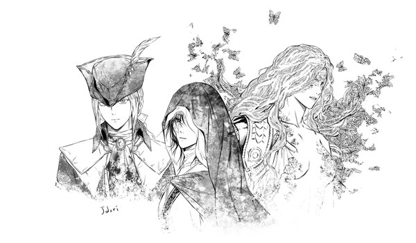 Anime-Bild 1933x1130 mit elden ring bloodborne from software tagme (character) malenia blade of miquella malenia goddess of rot lady maria of the astral clocktower jdori long hair looking at viewer highres simple background wide image white background multiple girls signed looking away upper body monochrome crossover