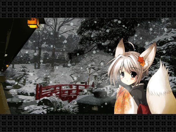 Anime picture 1280x960 with animal ears tail japanese clothes wallpaper fox ears fox tail snowing winter snow kimono lantern bridge