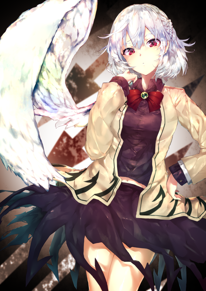 Anime picture 1254x1770 with touhou kishin sagume sakusyo single tall image looking at viewer blush fringe short hair hair between eyes red eyes standing silver hair arm up bare legs from below hand on hip single wing girl skirt