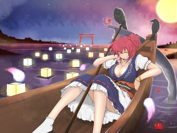 Anime-Bild 2000x1500 mit touhou onozuka komachi cube85 single highres short hair breasts light erotic smile twintails cleavage red hair eyes closed short sleeves huge breasts reclining river girl dress flower (flowers)