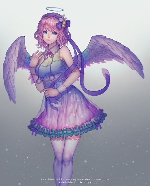 Anime picture 647x800 with slapmyface tall image looking at viewer fringe short hair blue eyes simple background smile standing bare shoulders pink hair gradient background wavy hair girl thighhighs dress hair ornament bow ribbon (ribbons) hair bow