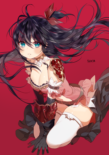 Anime picture 700x992 with original sorolp single long hair tall image looking at viewer blush fringe breasts light erotic black hair simple background hair between eyes large breasts sitting signed cleavage full body ahoge parted lips